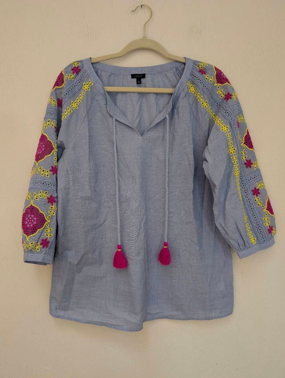 Talbots blue blouse 3/4 sleeve crochet features boho style size medium